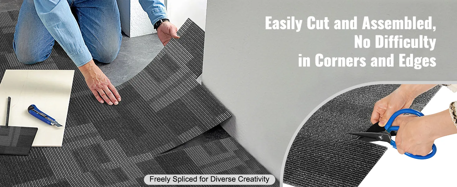 installing VEVOR carpet tiles with ease, cutting and assembling around corners and edges seamlessly.