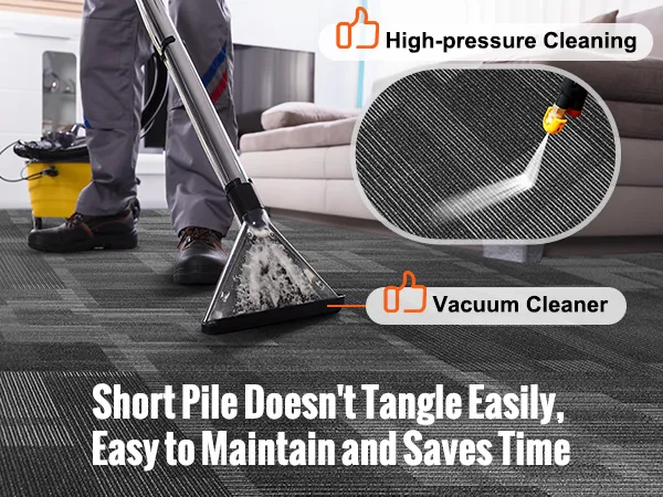 high-pressure cleaning of VEVOR carpet tiles with vacuum cleaner, highlighting easy maintenance and time-saving.