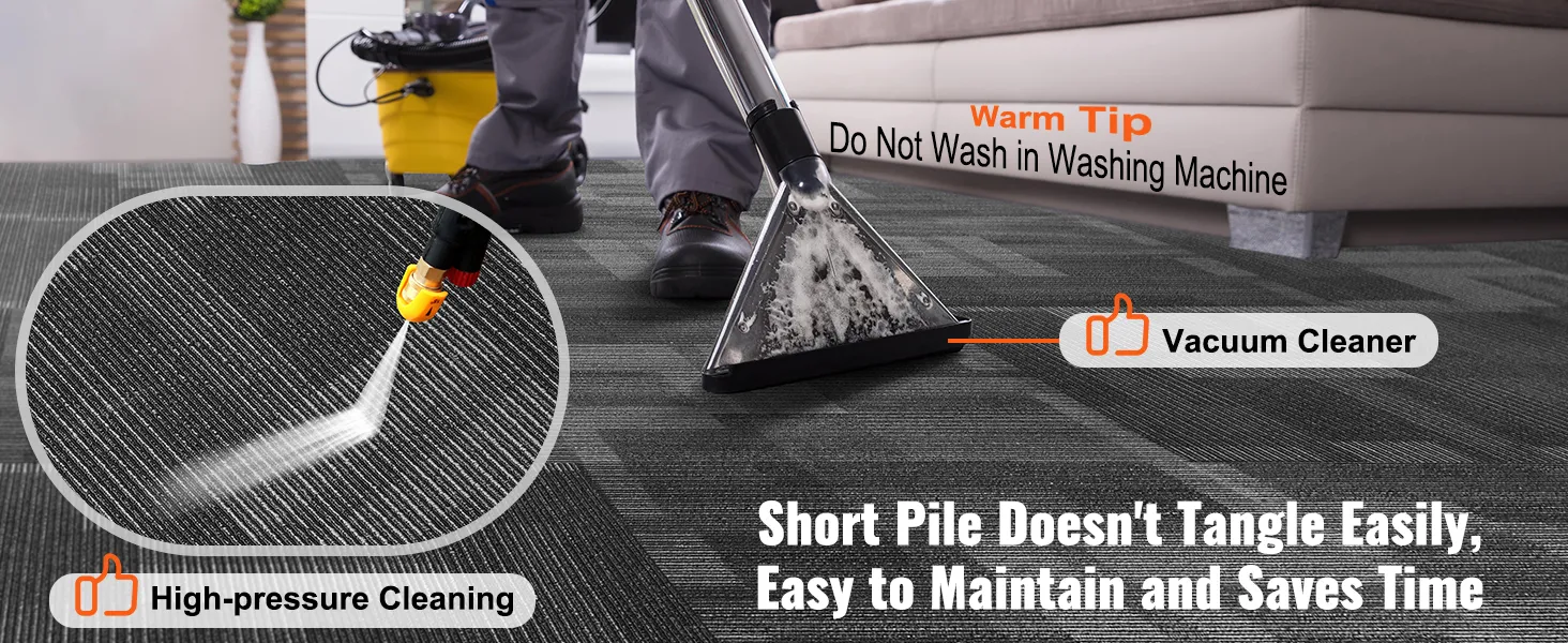 high-pressure cleaning of VEVOR carpet tiles with vacuum cleaner, highlighting easy maintenance and time-saving.