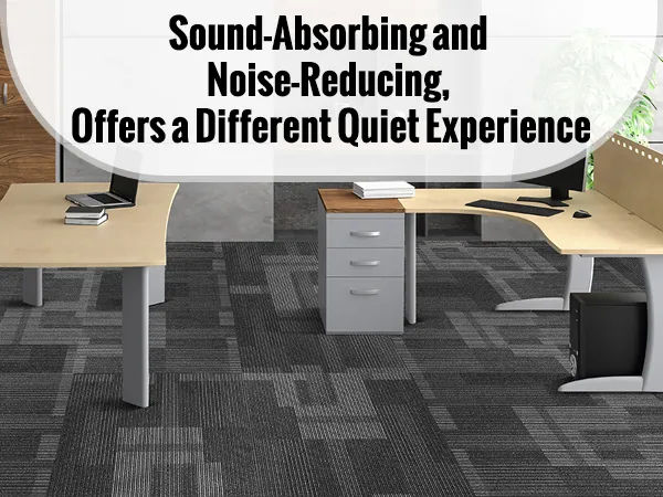 modern office with wooden desks, gray storage cabinets, green plants, and VEVOR carpet tiles for noise reduction.