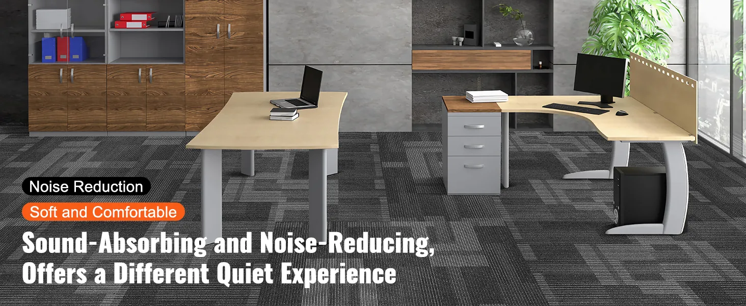modern office with wooden desks, gray storage cabinets, green plants, and VEVOR carpet tiles for noise reduction.