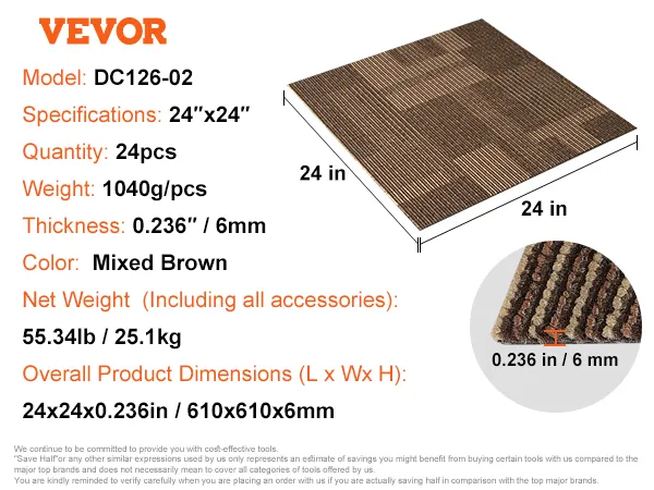 VEVOR carpet tiles, model dc126-02, 24"x24", 24pcs, mixed brown, 6mm thick, 1040g/pcs, total weight 25.1kg.