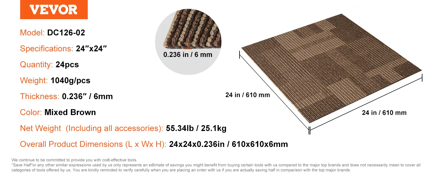 VEVOR carpet tiles, model dc126-02, 24"x24", 24pcs, mixed brown, 6mm thick, 1040g/pcs, total weight 25.1kg.