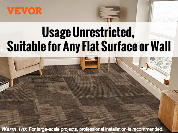 VEVOR carpet tiles are easy to install on wooden, tiled, or terrazzo floors; ideal for offices, basements, and living rooms.