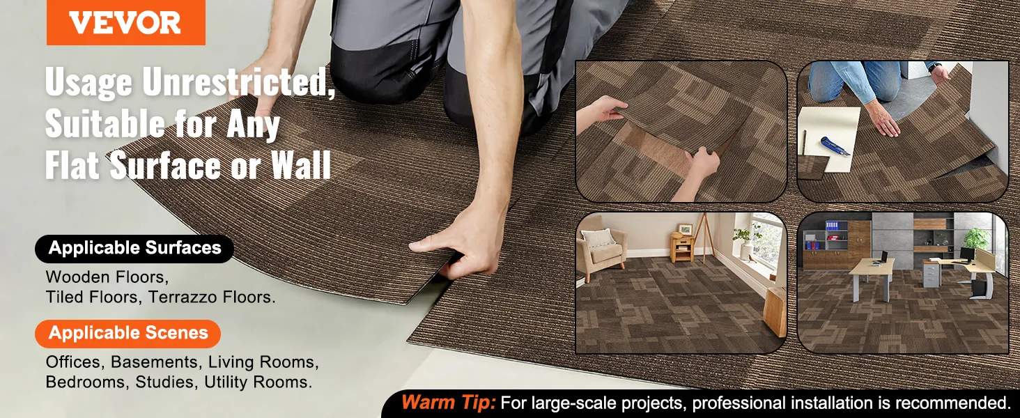 VEVOR carpet tiles are easy to install on wooden, tiled, or terrazzo floors; ideal for offices, basements, and living rooms.