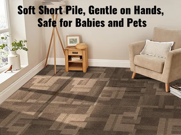 VEVOR carpet tiles in a cozy room, showing a soft, short pile, gentle on hands, safe for babies and pets.