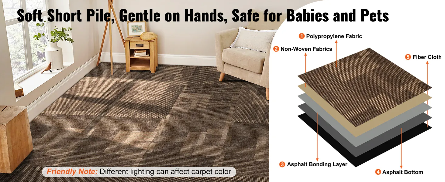 VEVOR carpet tiles in a cozy room, showing a soft, short pile, gentle on hands, safe for babies and pets.