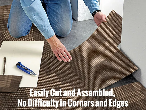 installing VEVOR carpet tiles, easily cut with scissors, fitting seamlessly in corners and edges.