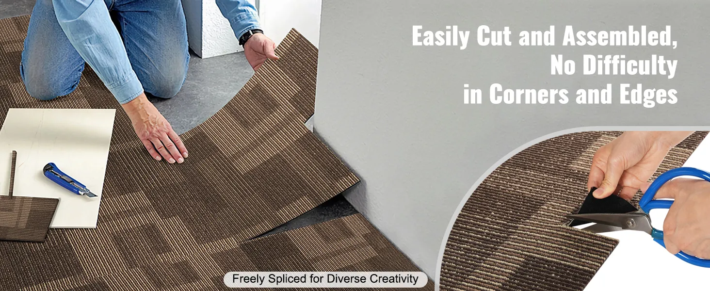 installing VEVOR carpet tiles, easily cut with scissors, fitting seamlessly in corners and edges.
