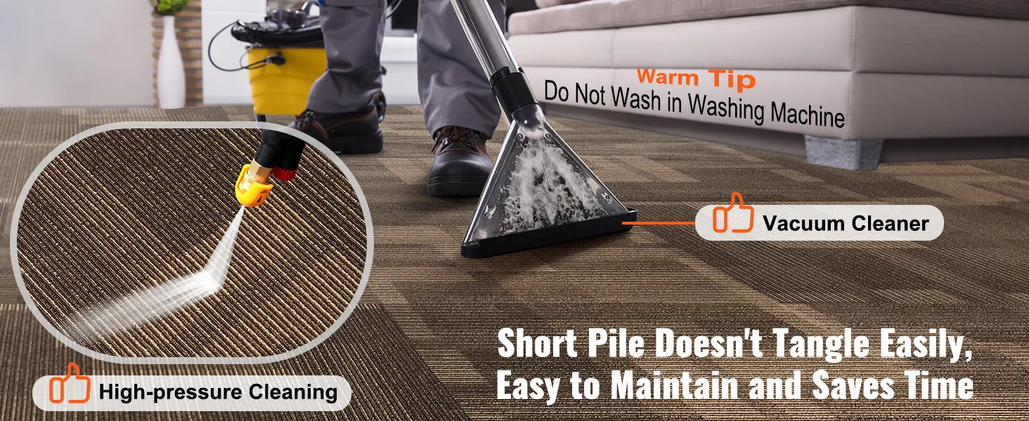 using a vacuum cleaner and high-pressure cleaning on VEVOR carpet tiles; easy maintenance tips.
