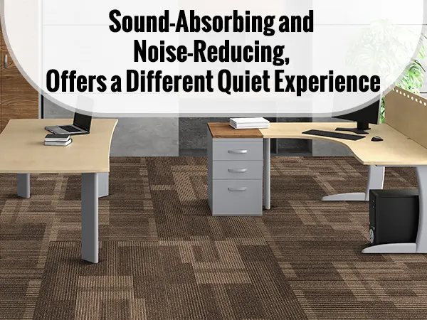 office featuring VEVOR carpet tiles, sound-absorbing and noise-reducing, with modern desks and shelving.