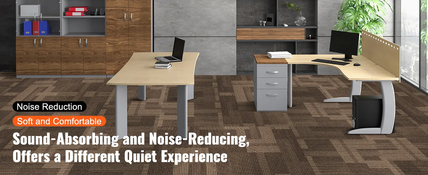 office featuring VEVOR carpet tiles, sound-absorbing and noise-reducing, with modern desks and shelving.