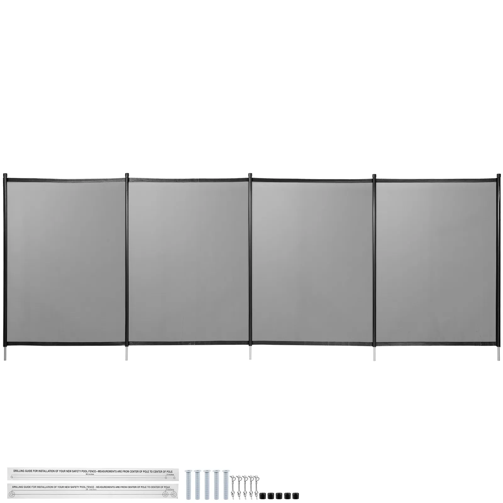 VEVOR pool fence in black with mounting accessories and instructions.