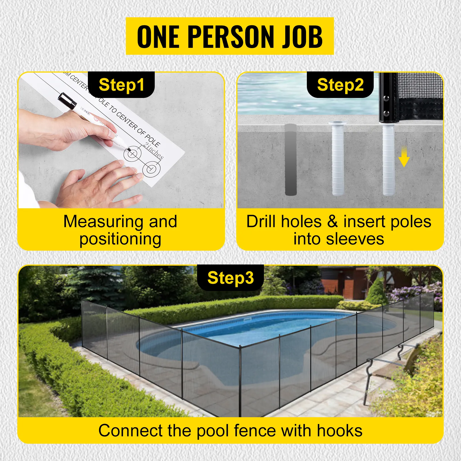 VEVOR pool fence: measure, drill holes, insert poles, and connect fence with hooks.