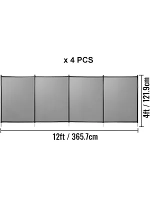 black VEVOR pool fence, 4 panels, 4ft high, 12ft total length, dimensions noted