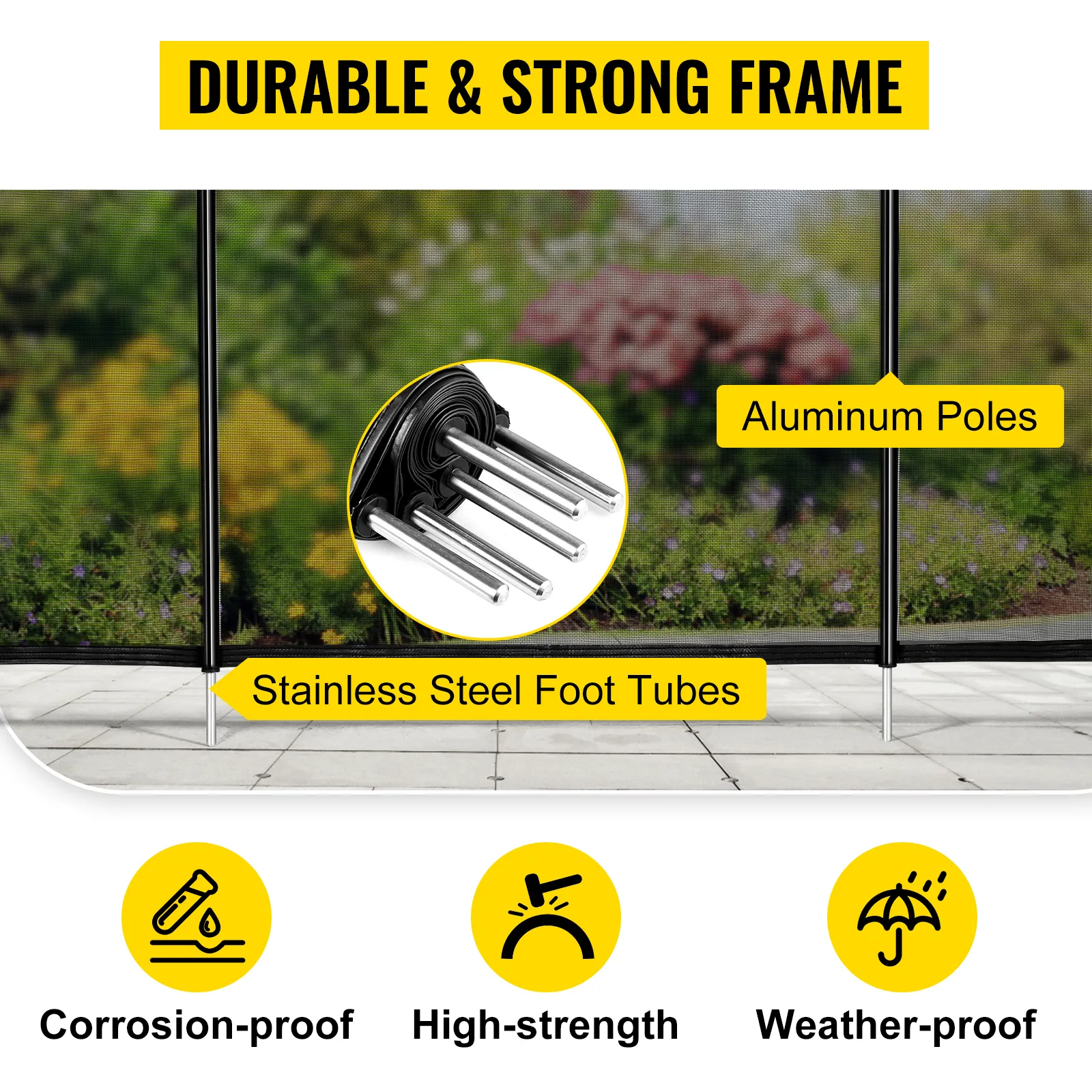 VEVOR pool fence with aluminum poles, stainless steel foot tubes, and weather-proof features.