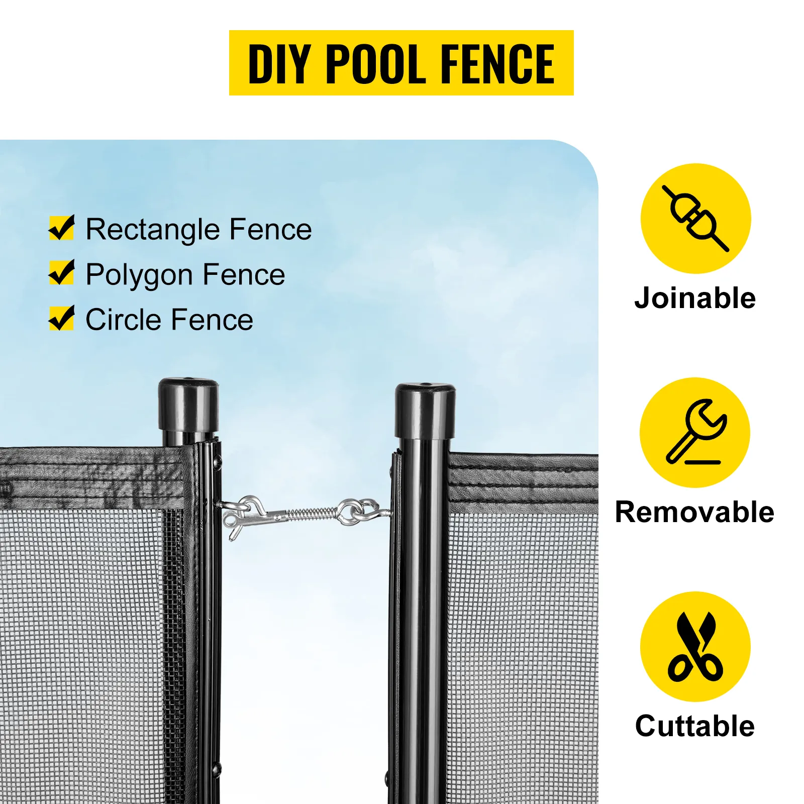 VEVOR pool fence: joinable, removable, cuttable, suitable for rectangle, polygon, circle shapes.