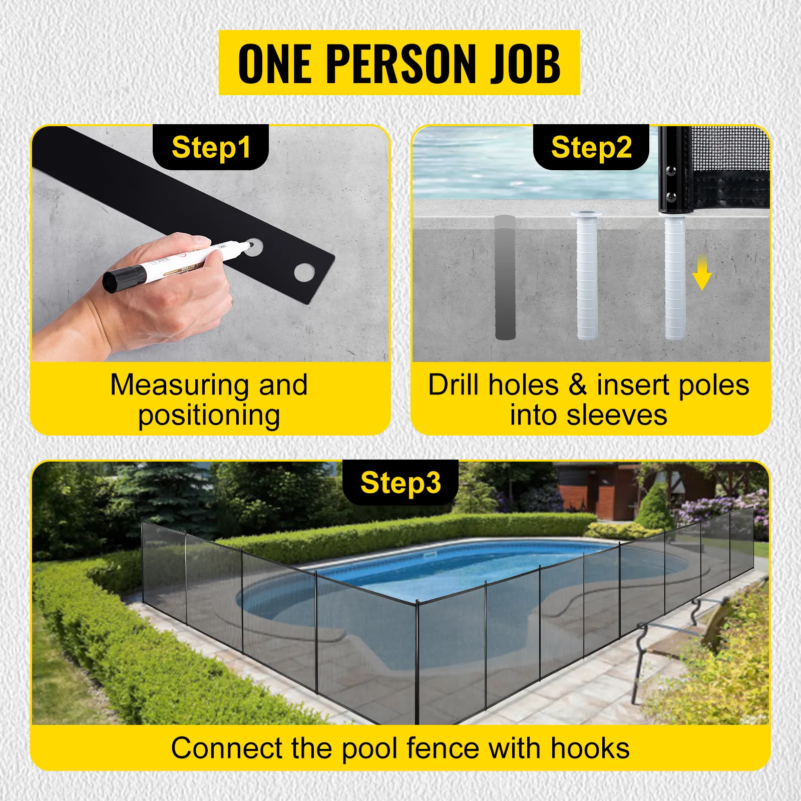 installing VEVOR pool fence: measure, drill holes, insert poles, and connect with hooks.