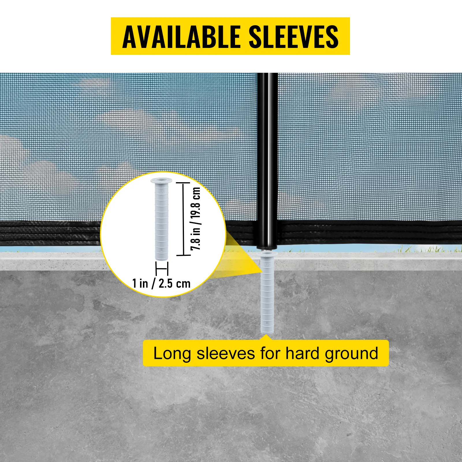 VEVOR pool fence with long sleeves for hard ground installation, 7.8 in by 1 in dimensions.