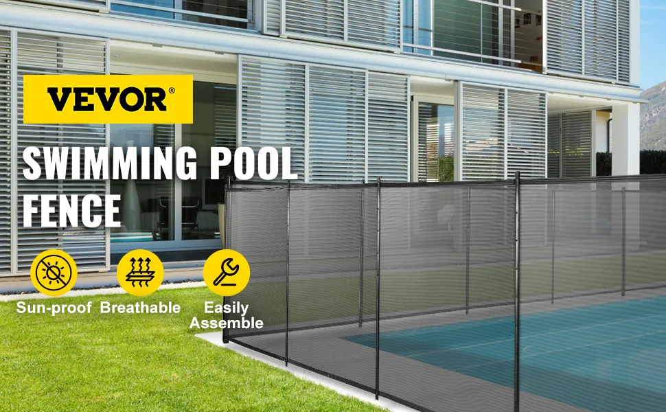 VEVOR pool safety fence around a modern pool, sun-proof, breathable, easy to assemble.