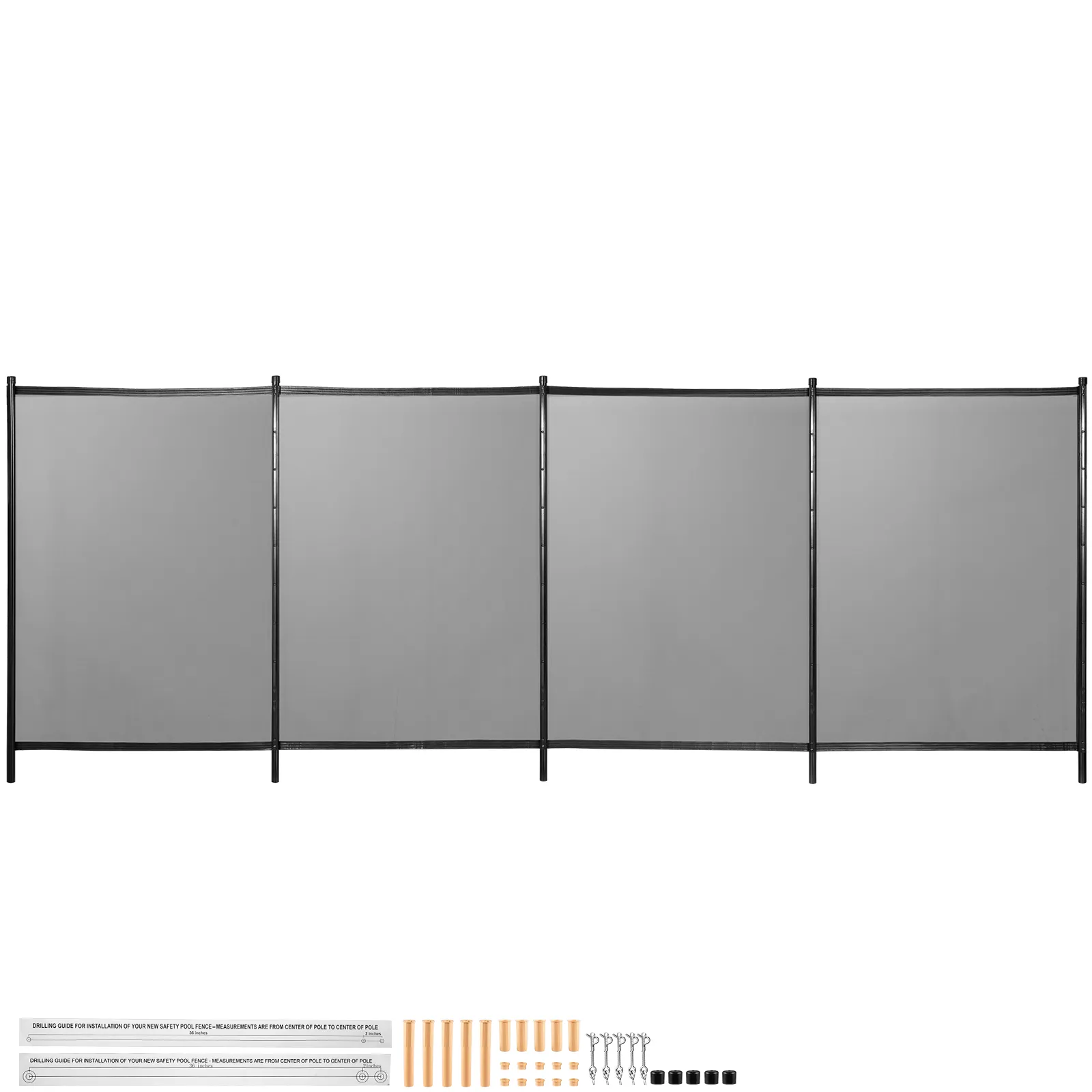 VEVOR pool safety fence with black frame and gray mesh panels, installation kit included.