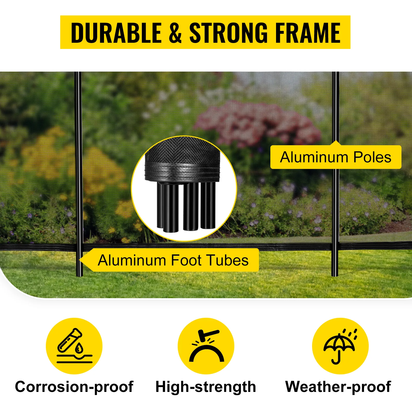 durable VEVOR pool safety fence with aluminum poles and foot tubes; corrosion-proof, high-strength, and weather-proof.