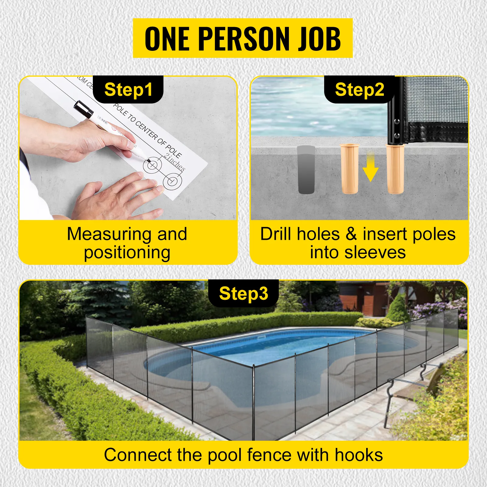 installing VEVOR pool safety fence: measure, drill holes, insert poles, connect fence.
