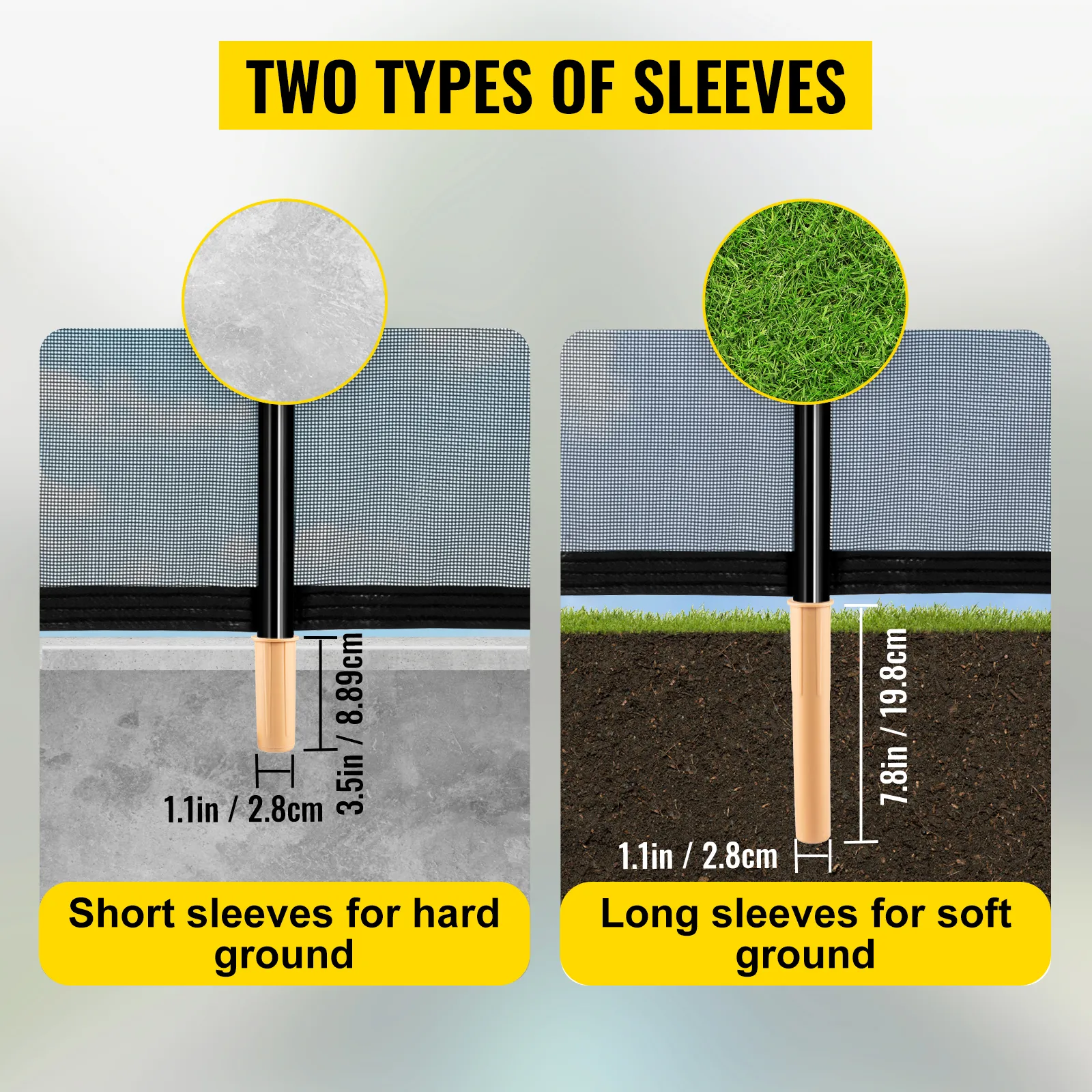 VEVOR pool safety fence with short sleeves for hard ground and long sleeves for soft ground.