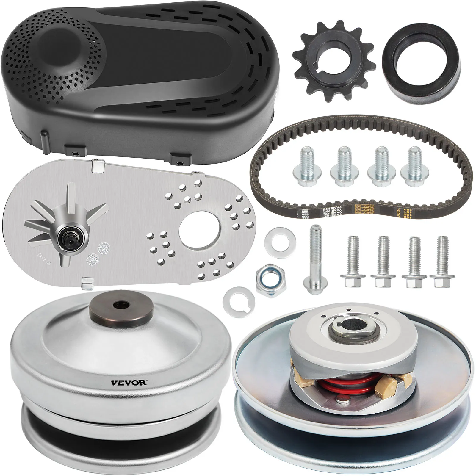 VEVOR go kart torque converter kit with belt, pulleys, and mounting hardware.
