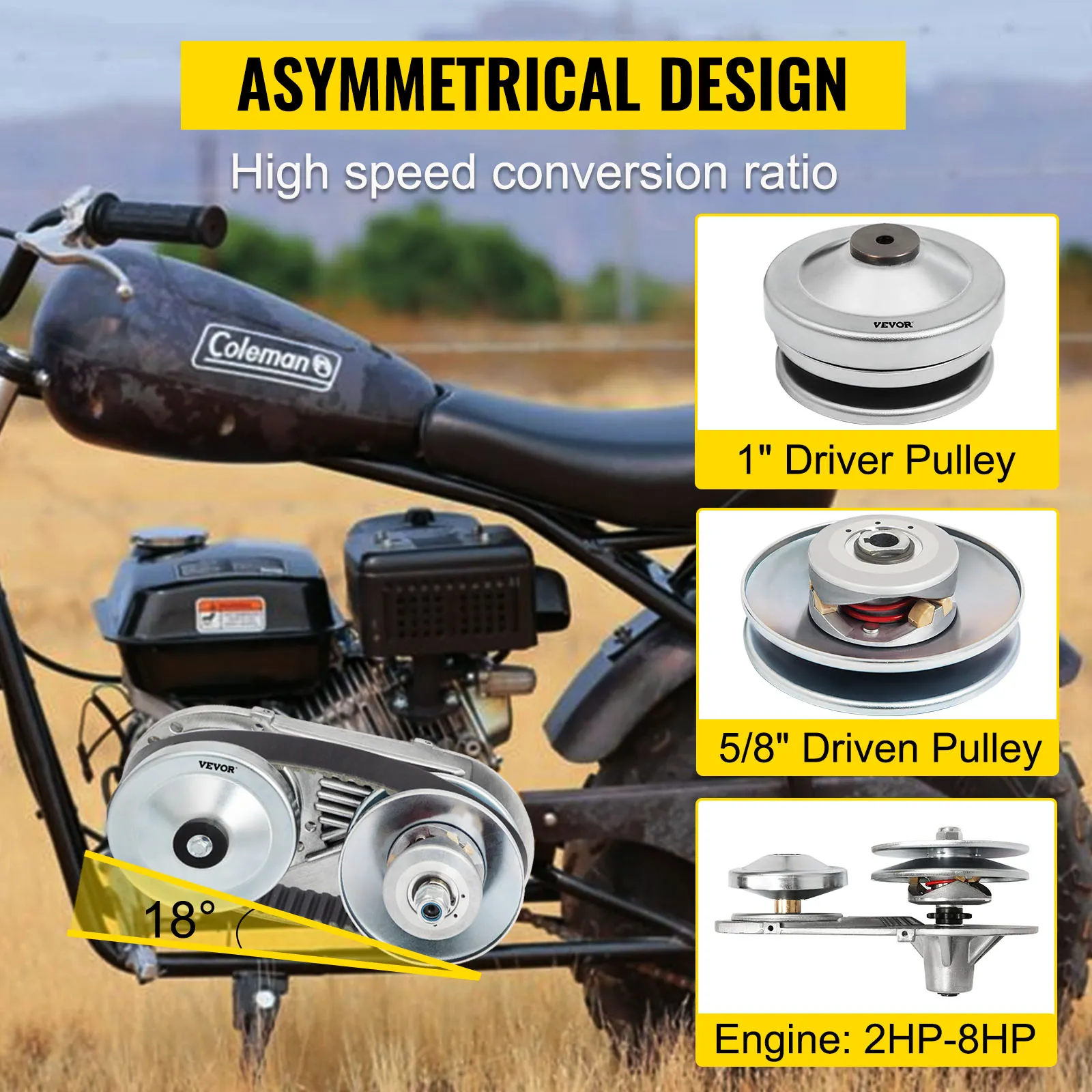 VEVOR go kart torque converter kit with 1" driver pulley and 5/8" driven pulley.