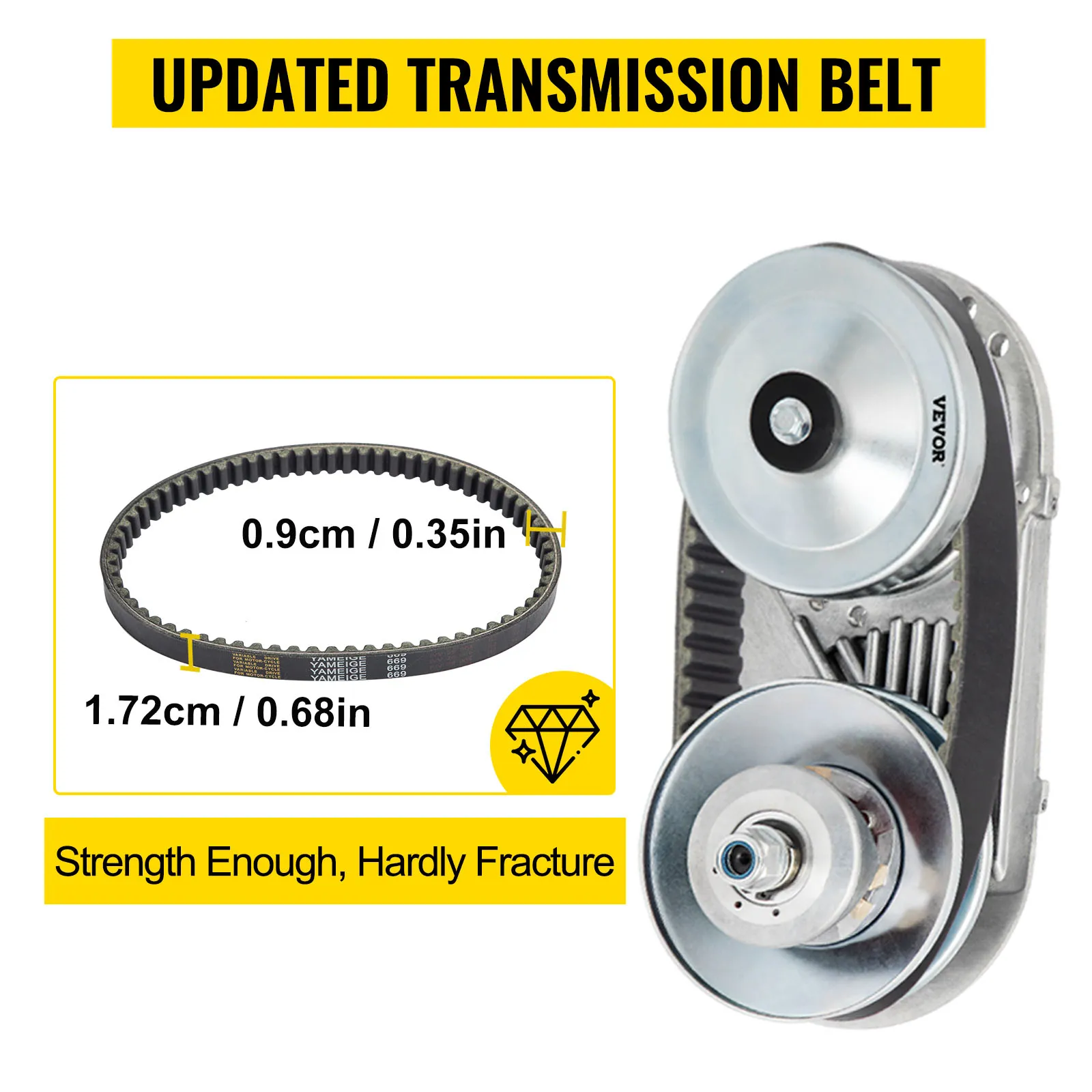 VEVOR go kart torque converter kit with updated transmission belt and dimensions.