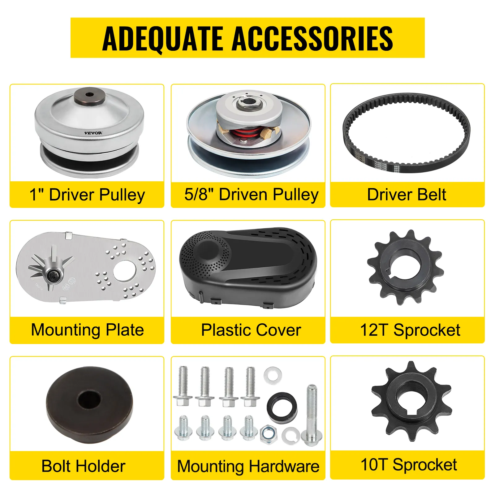 VEVOR go kart torque converter kit with pulleys, belt, mounting plate, cover, sprockets.