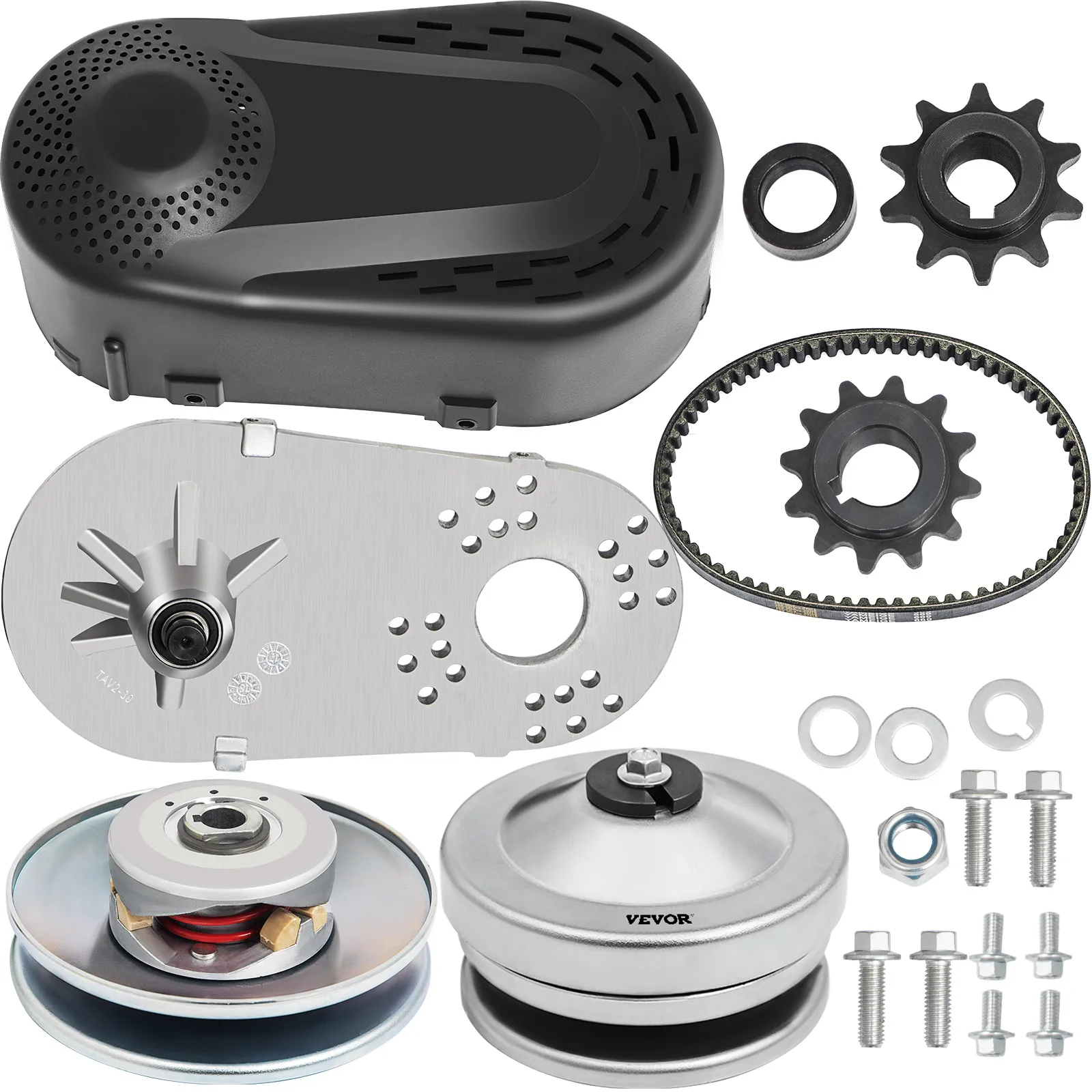VEVOR torque converter kit with belt, gears, and mounting hardware.