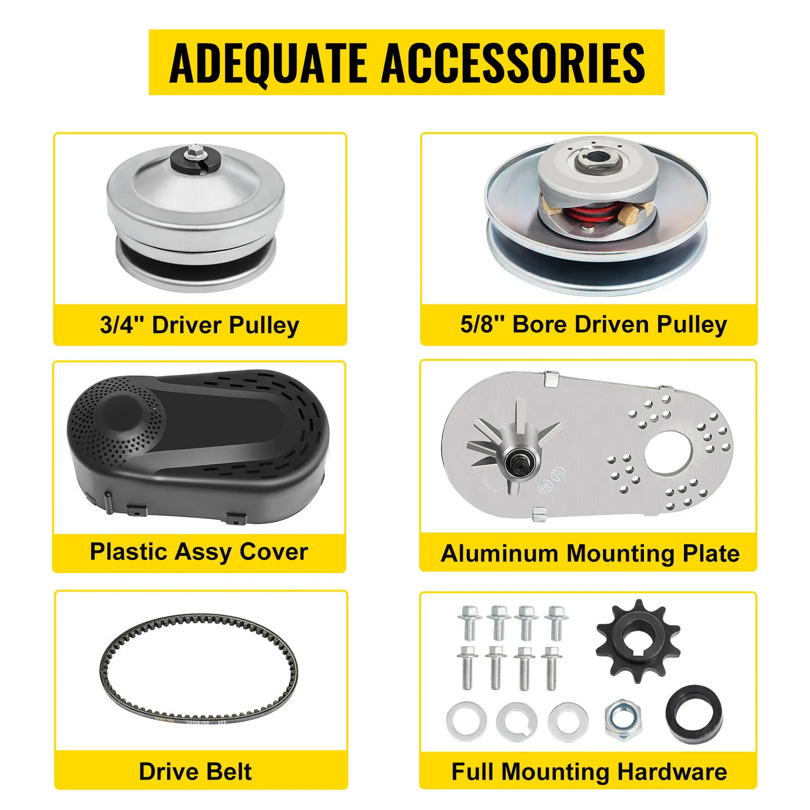 VEVOR torque converter parts: driver pulley, driven pulley, cover, mounting plate, belt, hardware.
