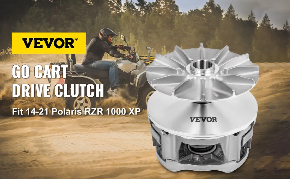 Embrague de transmisión primaria VEVOR para Polaris RZR XP, representado con un vehículo todo terreno en un sendero de tierra.