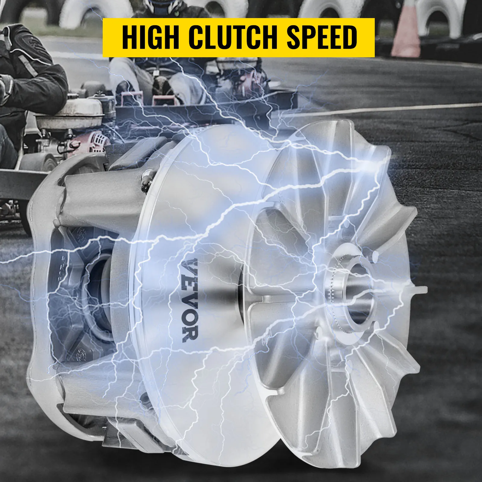 Embrague de transmisión primaria VEVOR a alta velocidad en una pista de karts de carreras.