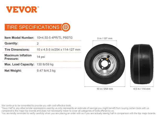Neumáticos para kart VEVOR 10x4.50-5, carga máxima 130 lb, 14 psi, juego de 2, con especificaciones y dimensiones detalladas.