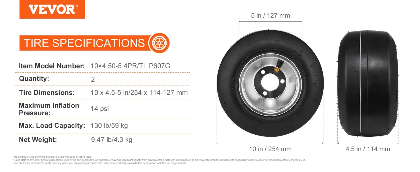 Neumáticos para kart VEVOR 10x4.50-5, carga máxima 130 lb, 14 psi, juego de 2, con especificaciones y dimensiones detalladas.