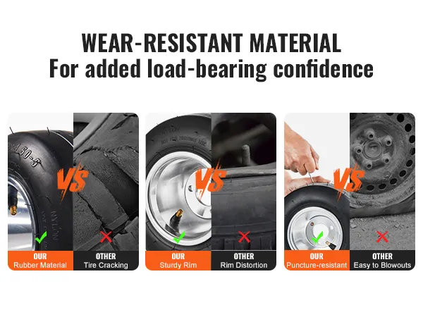 Neumáticos para karts VEVOR frente a otros neumáticos: caucho resistente al desgaste, llanta resistente y resistente a los pinchazos.