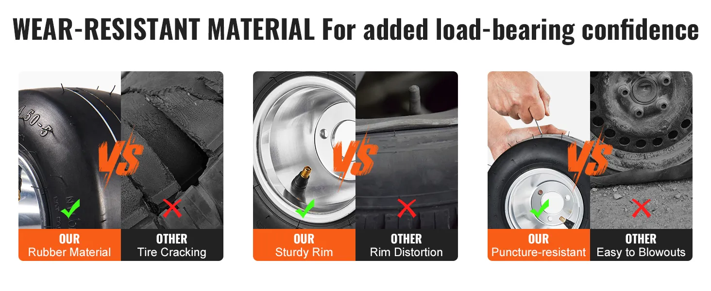 Neumáticos para karts VEVOR frente a otros neumáticos: caucho resistente al desgaste, llanta resistente y resistente a los pinchazos.