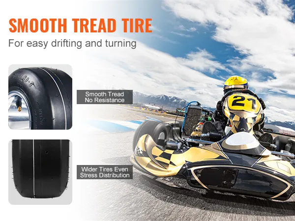 Banda de rodadura suave para facilitar los giros y los derrapes con neumáticos de kart VEVOR, neumáticos más anchos para una distribución uniforme de la tensión.
