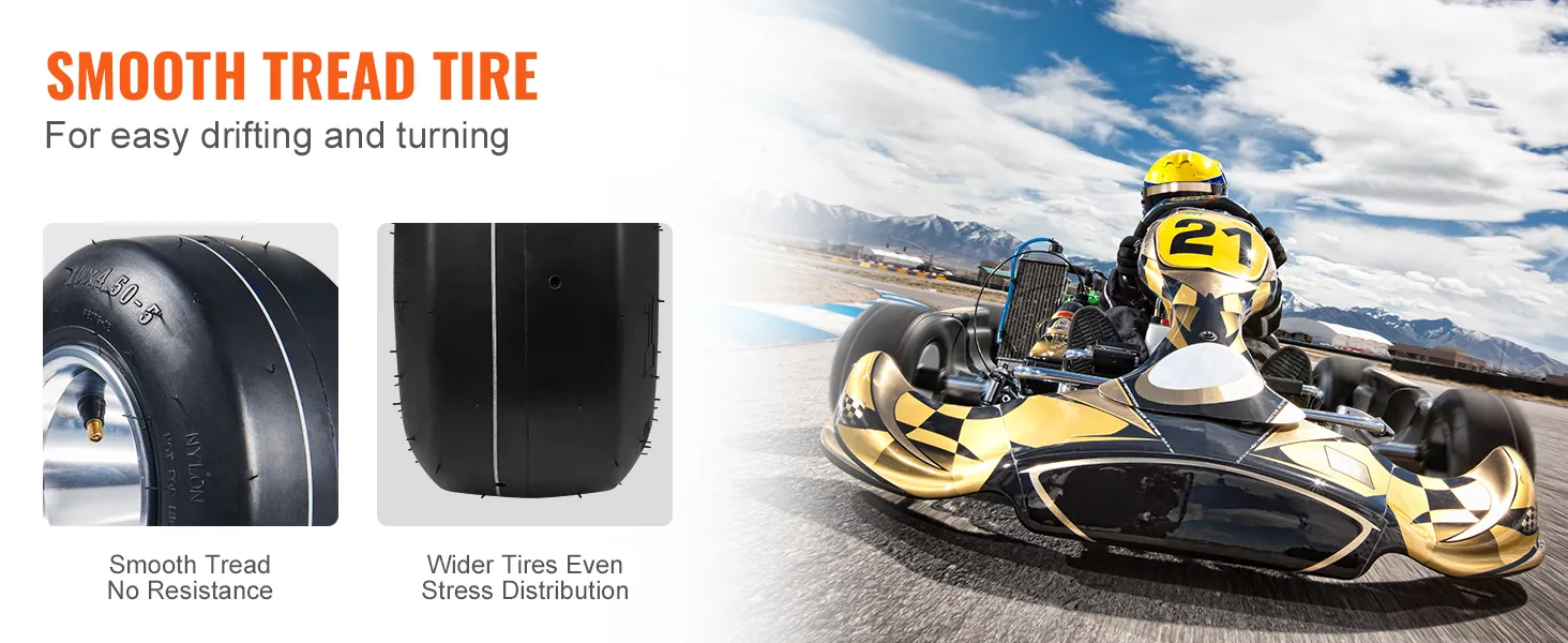 Banda de rodadura suave para facilitar los giros y los derrapes con neumáticos de kart VEVOR, neumáticos más anchos para una distribución uniforme de la tensión.