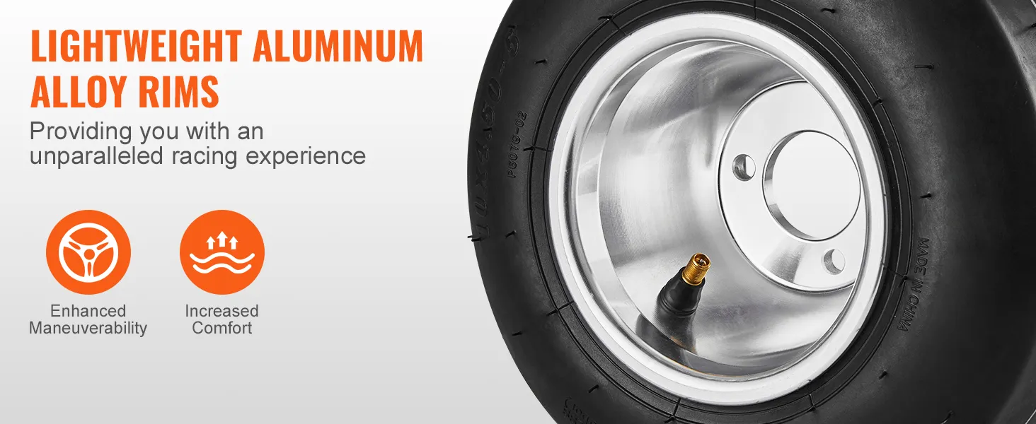 Llantas de aleación de aluminio livianas con neumáticos de kart VEVOR para una mejor maniobrabilidad y mayor comodidad.