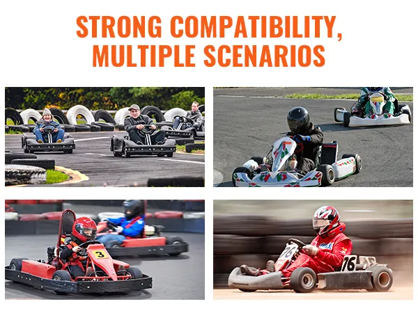 Corredores de karts en la pista mostrando neumáticos de karts VEVOR, destacando la fuerte compatibilidad y los diversos escenarios.