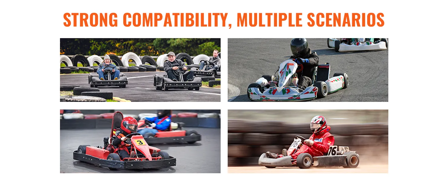 Corredores de karts en la pista mostrando neumáticos de karts VEVOR, destacando la fuerte compatibilidad y los diversos escenarios.