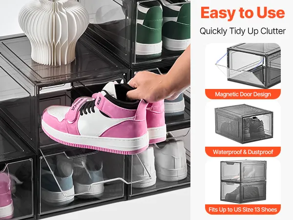 Shoe Storage Boxes 6 Pack Stackable Shoe Boxes US Size 13 Transparent Black
