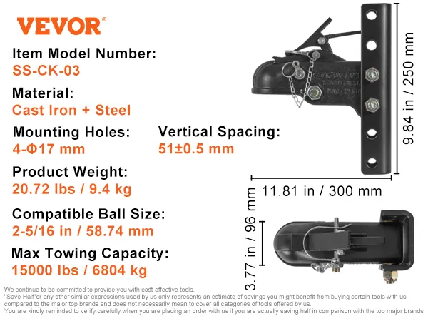 VEVOR adjustable trailer coupler ss-ck-03, 15000 lbs capacity. cast iron and steel, 2-5/16 in ball size.