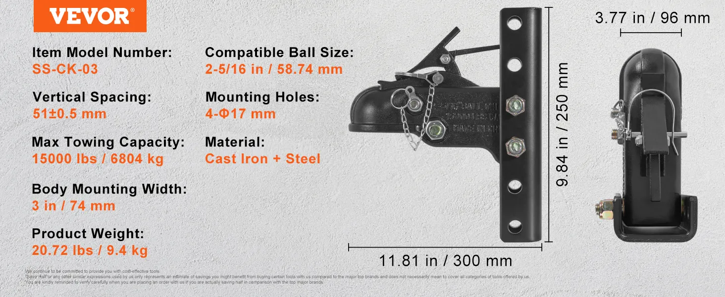 VEVOR adjustable trailer coupler ss-ck-03, 15000 lbs capacity. cast iron and steel, 2-5/16 in ball size.
