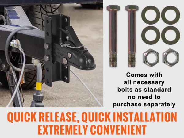 VEVOR adjustable trailer coupler, quick release, and installation with necessary bolts included.