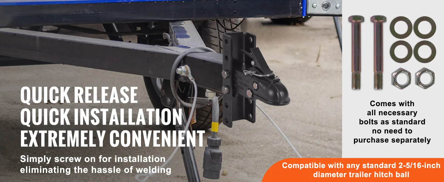 VEVOR adjustable trailer coupler, quick release, and installation with necessary bolts included.